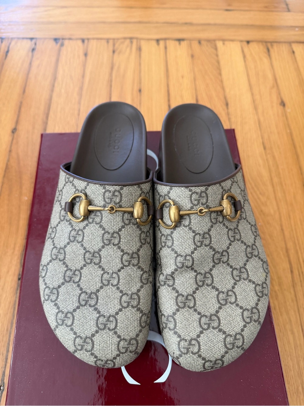 Gucci Beige GG Canvas Horsebit Mules with Brown Insole